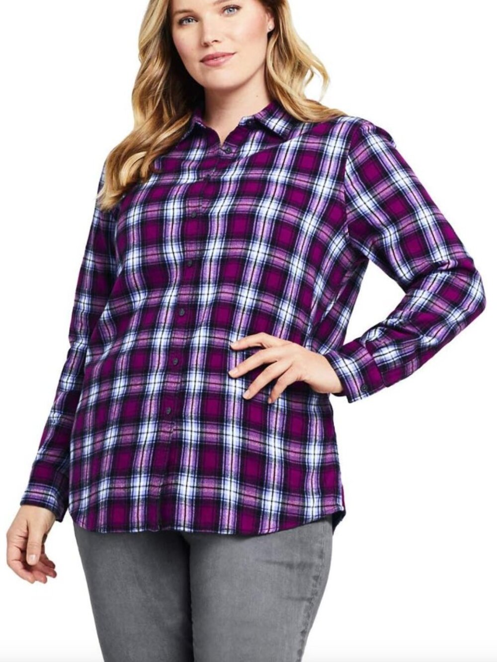 LANDS' END Plus Size Long Sleeve Flannel Shirt Berry Purple Plaid Button Down